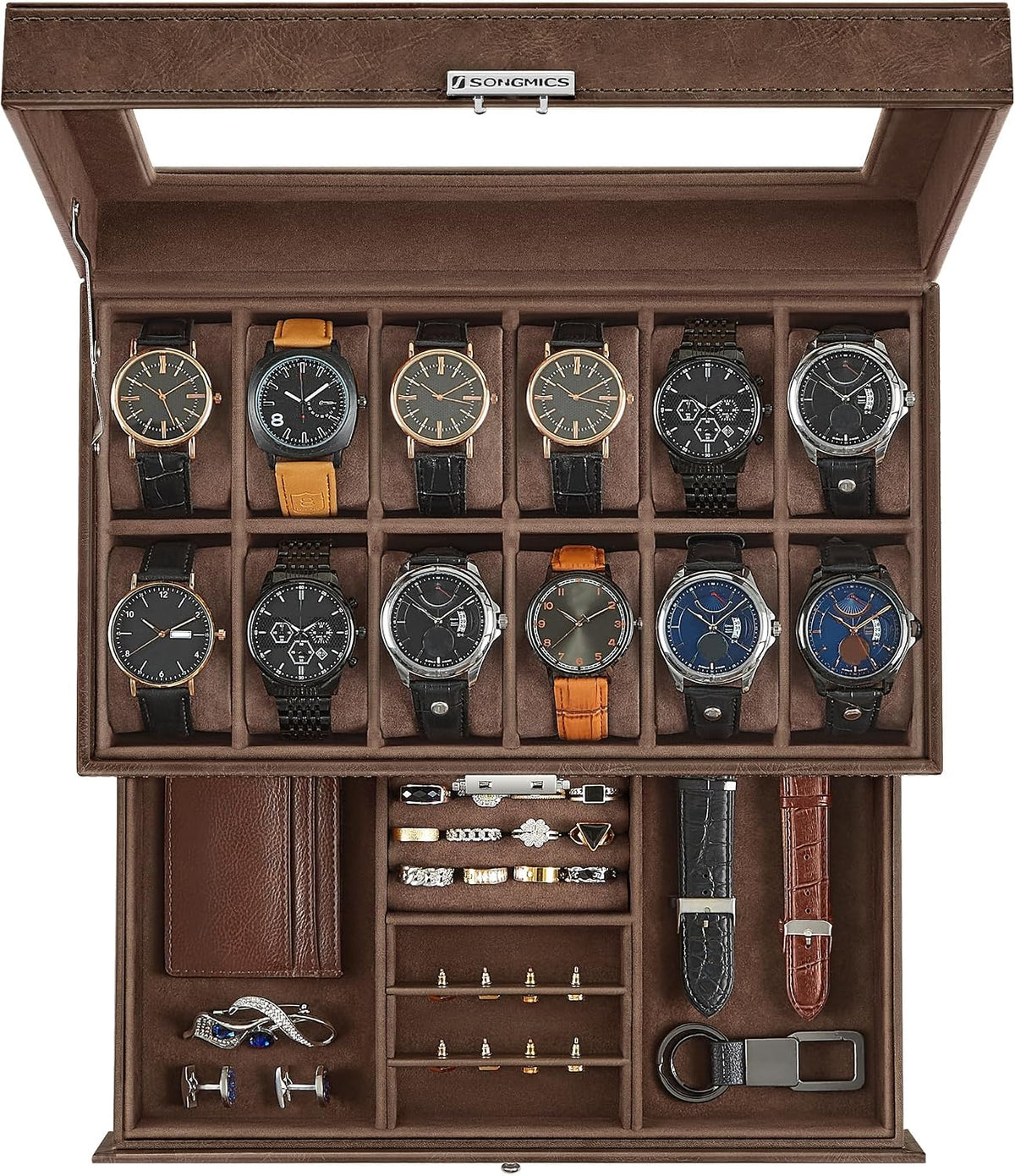 SONGMICS Watch Box, 8-Slot Watch Case Organizer with Large Glass Lid, 2 Layers, Removable Pillows, Metal Lock, Gift for Loved Ones, Black Synthetic Leather, Greenish Gray Lining UJWB080G01 - Image 15