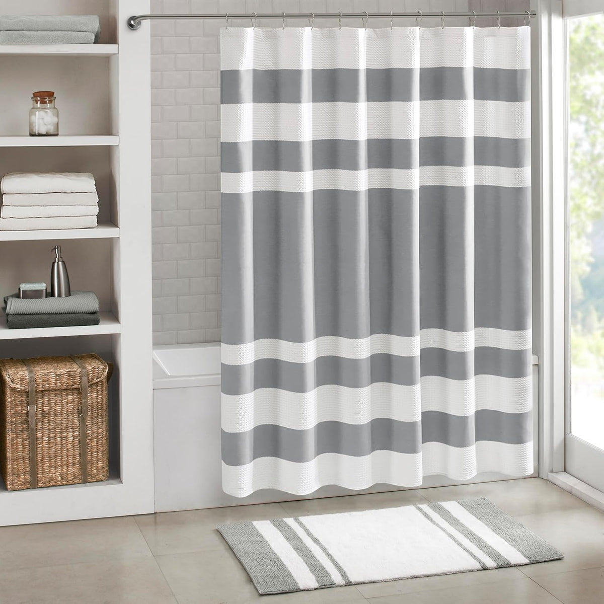Madison Park Spa Waffle Fabric Shower Curtain Grey front view hanging in modern bathroom setup