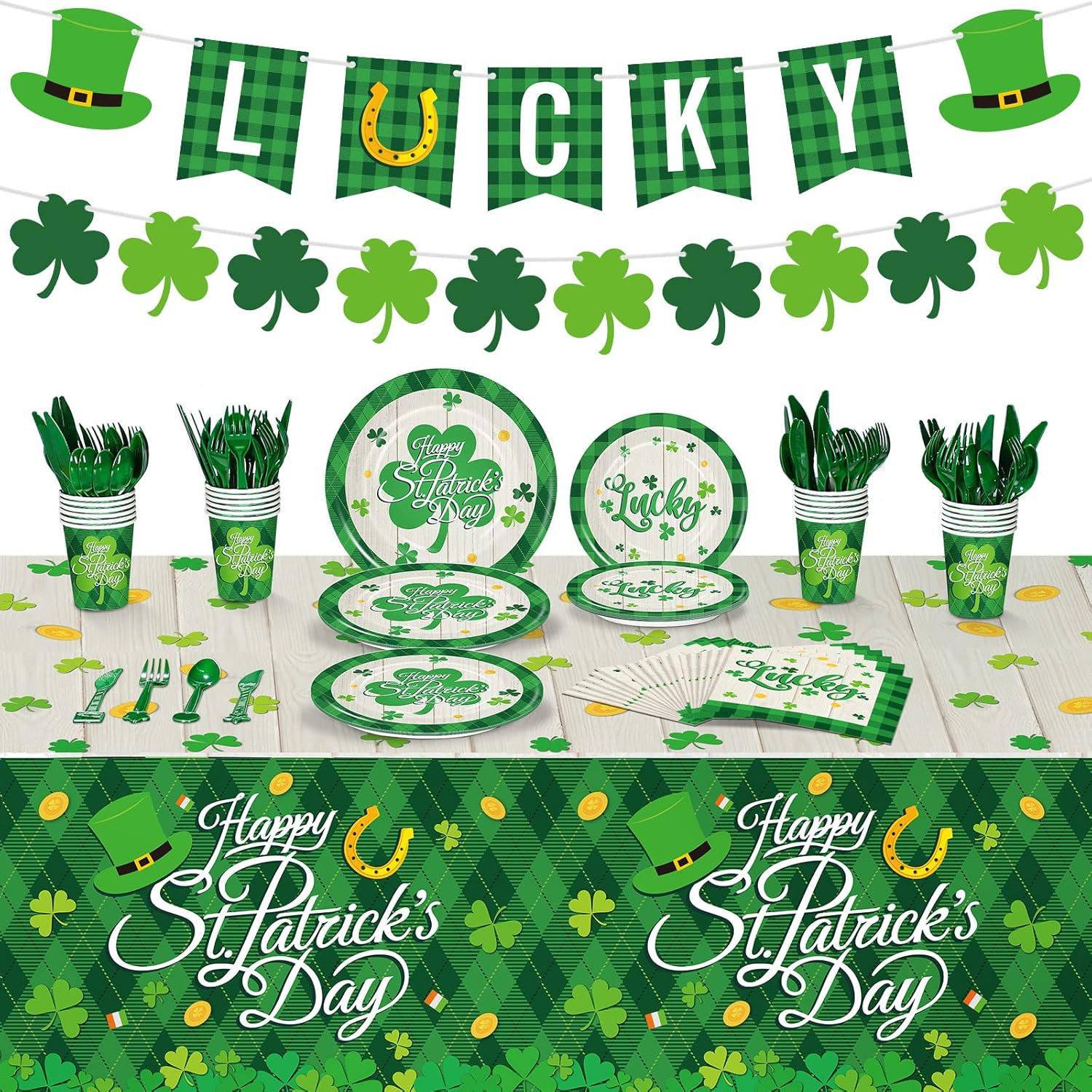 Geyee 172-piece St. Patrick's Day party tableware set front view
