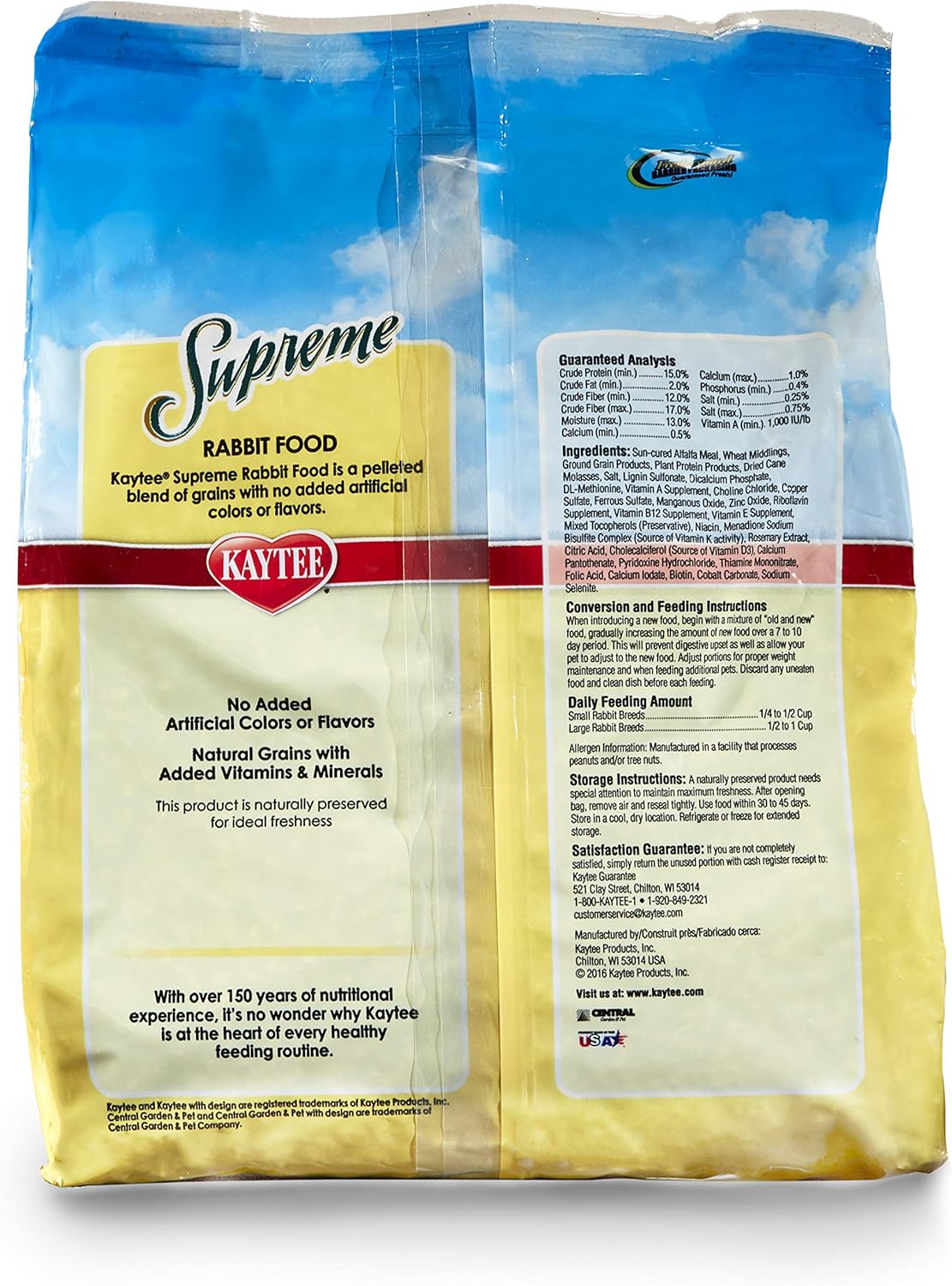 Nutritional label and feeding guide on Kaytee rabbit food bag