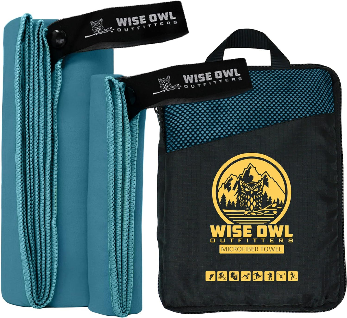 Wise Owl Outfitters microfiber camping towel front view with carrying case