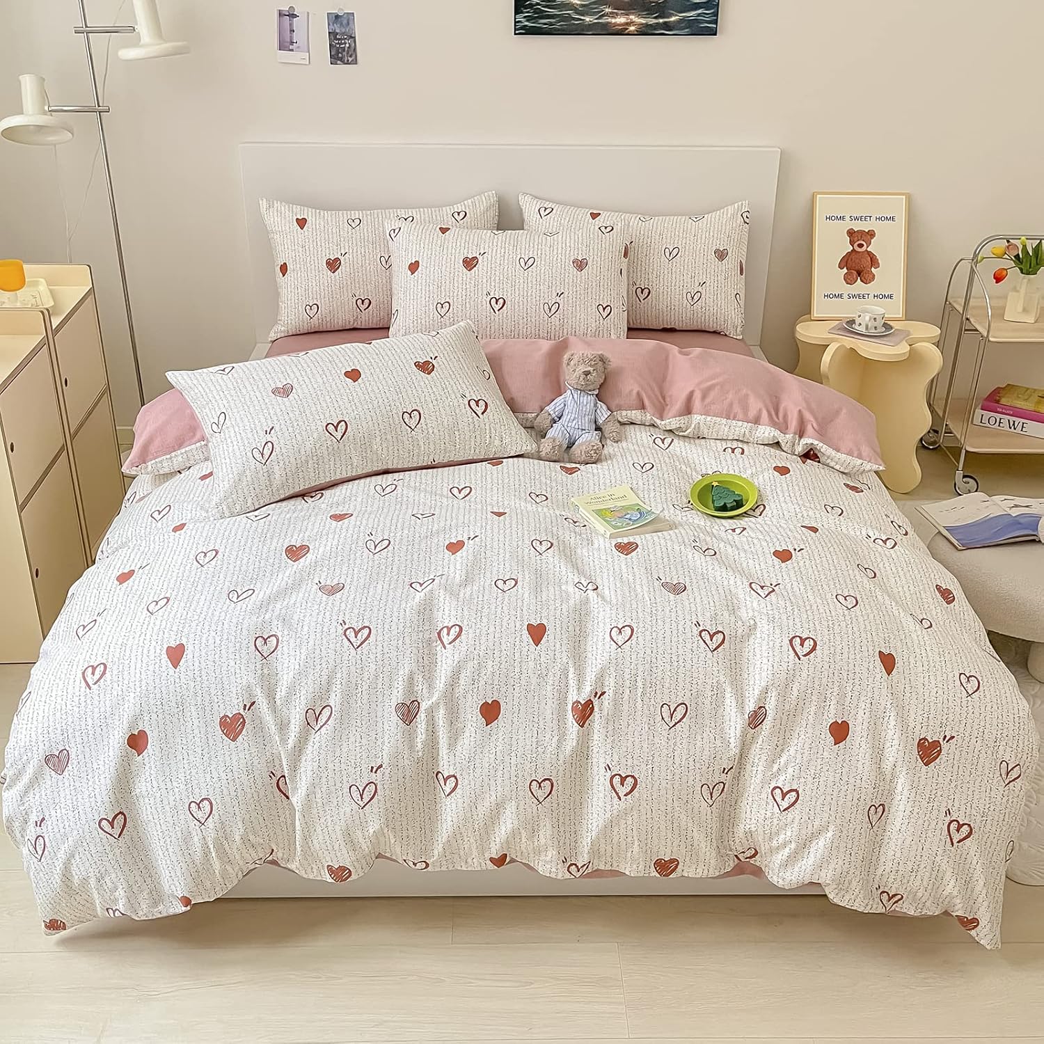 BlueBlue Heart Kids Duvet Cover Set Queen 100% Cotton bedding front view showing red hearts design on white background.