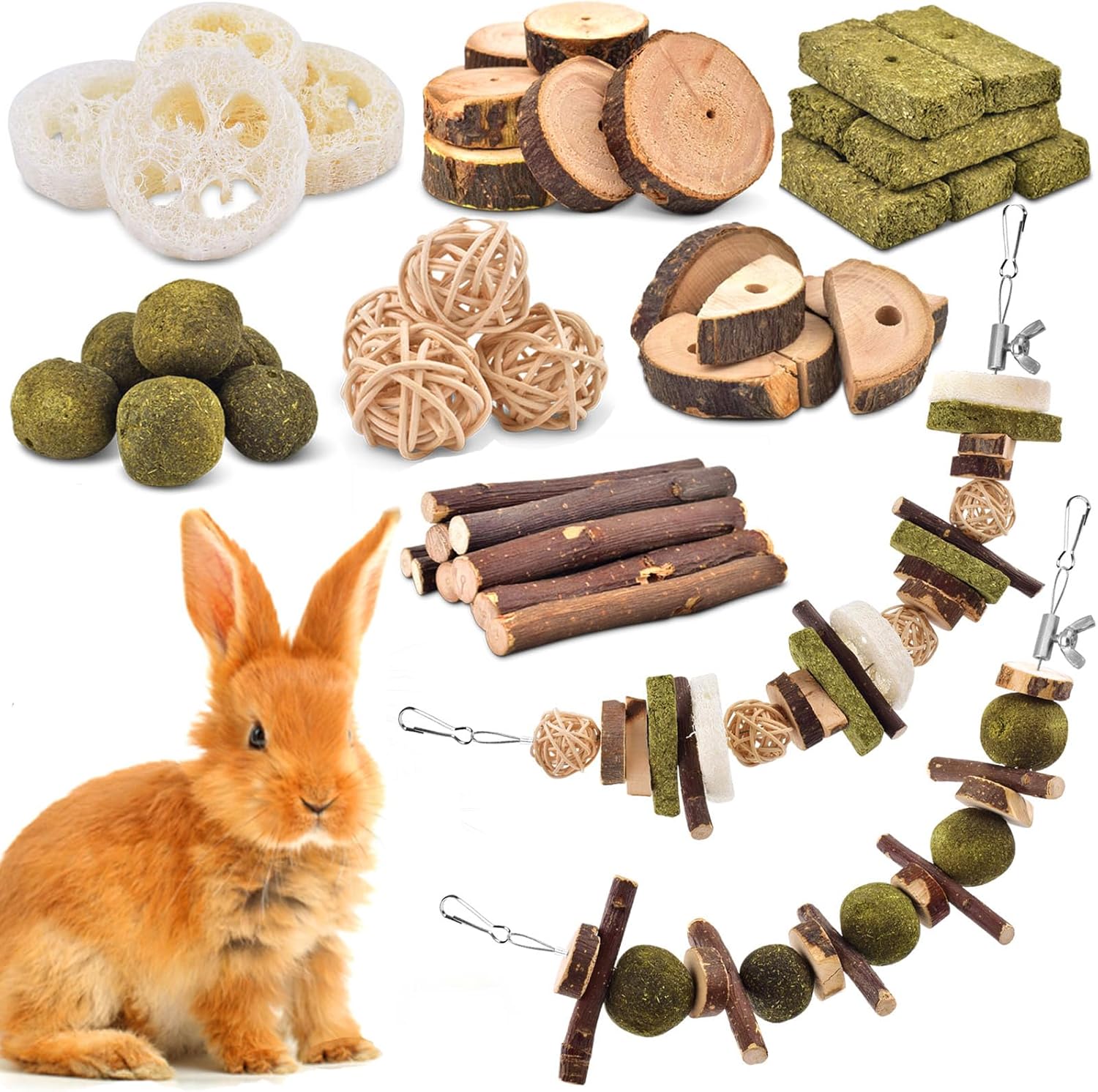 KATUMO Rabbit Chew Toys 74 piece DIY hamster kit front view featuring organic timothy hay balls and apple wood branches.