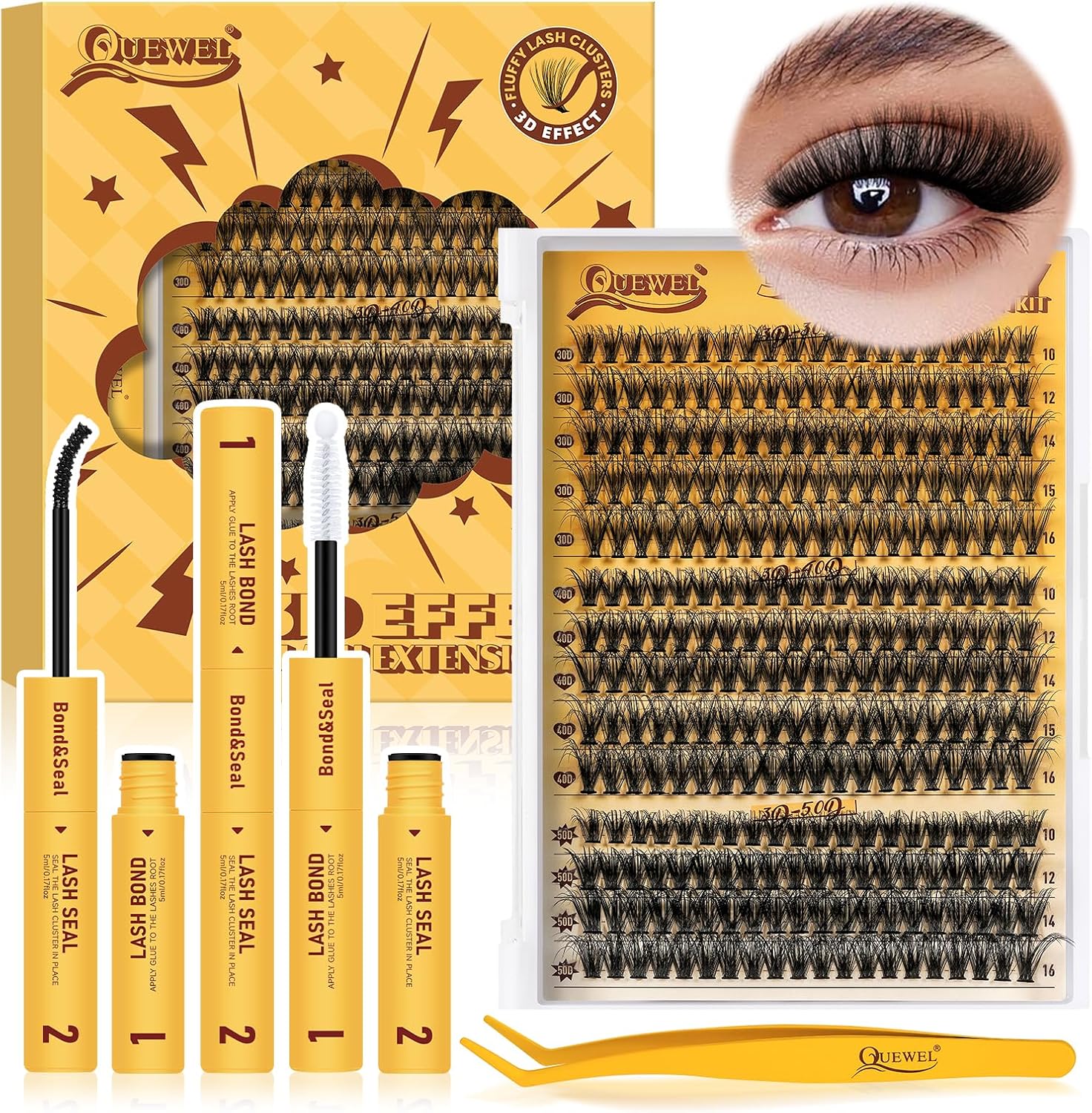 QUEWEL DIY-Lash-Extension-Kit, 3D Fluffy-Lashes-Clusters-Kit with 280PCS 30+40+50D Lashes Clusters Mixed 10-16mm Eyelash Clusters, Lash Bond and Seal, Eyelashes Tweezers DIY at Home(3D 30+40+50 KIT) - Image 1