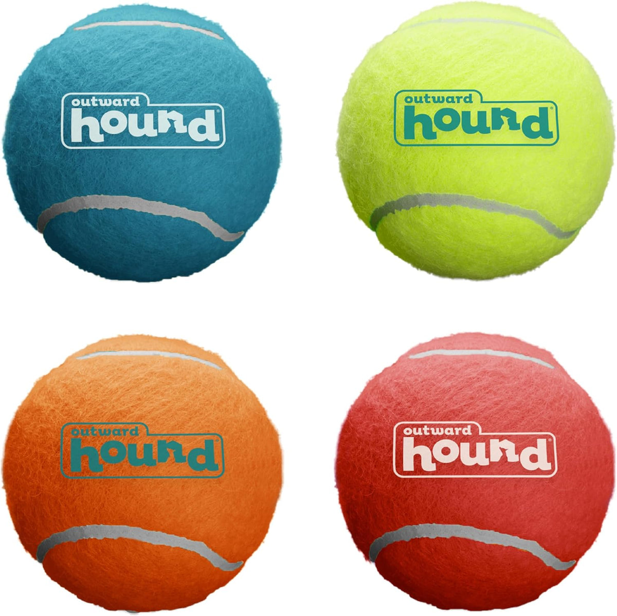 Outward Hound SqueakerBallz front view of four pack colorful medium dog tennis balls