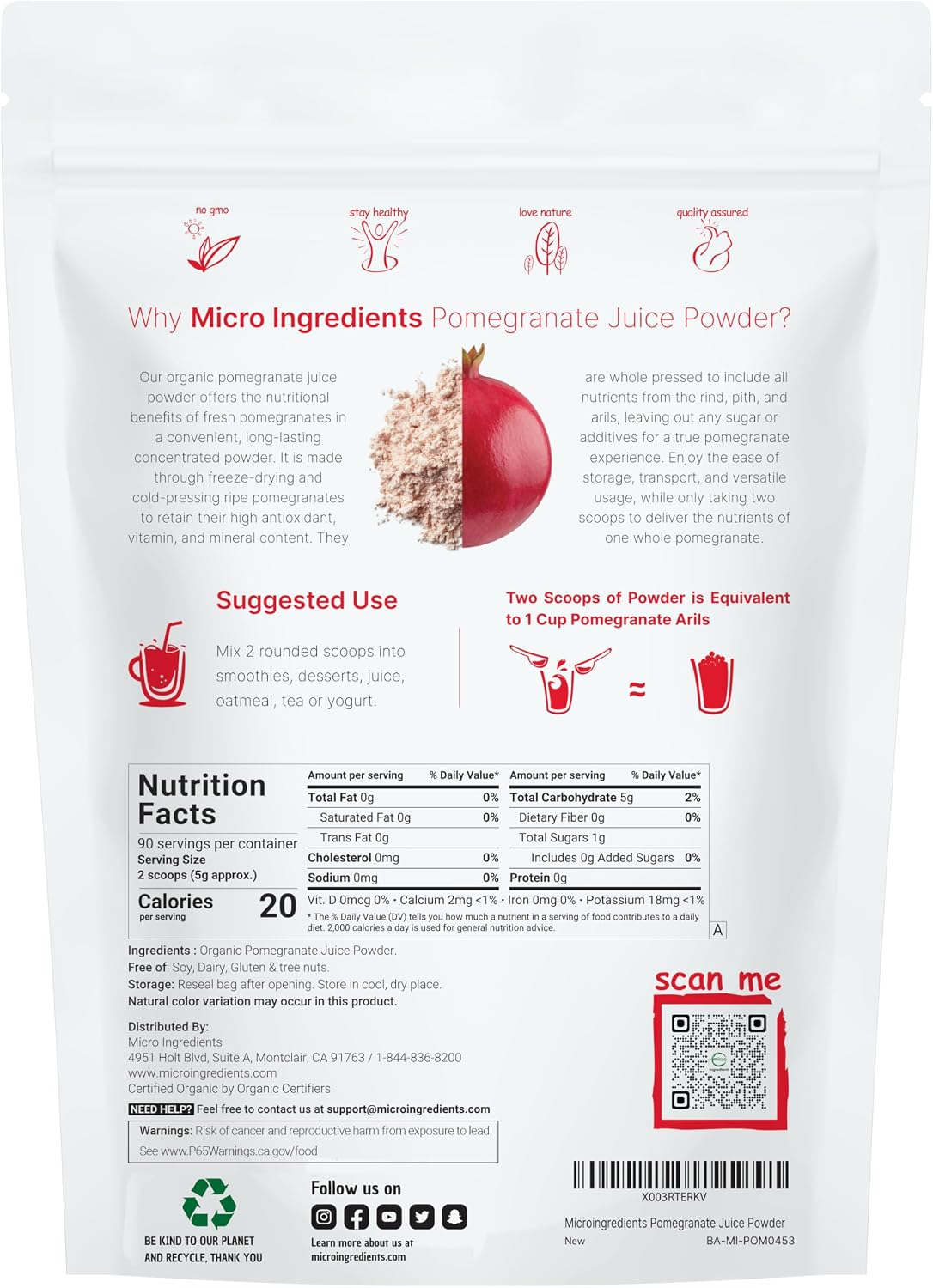 Micro Ingredients Pomegranate Juice Powder supplement facts label