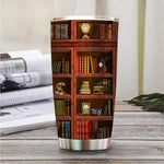 2IMT Book Tumbler Library Travel Mug close-up of literary bookshelf pattern
