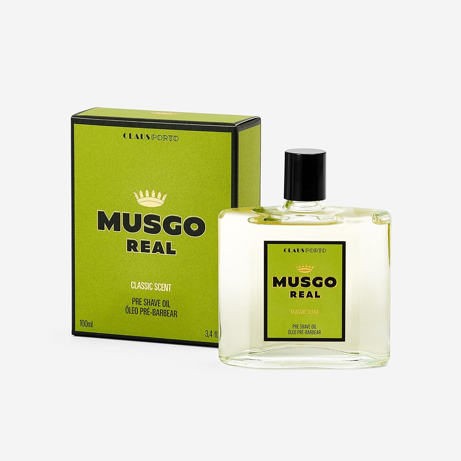 Claus Porto Musgo Real Classic Scent Pre Shave Oil front view of the premium glass bottle.