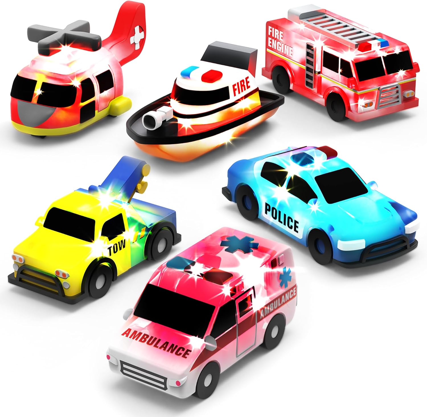 Tub Works Emergency Cars Light Up Bath Toys front view of six pack packaging