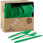 Plasticpro 400 Pack Disposable Christmas Green Cutlery Set front view packaging