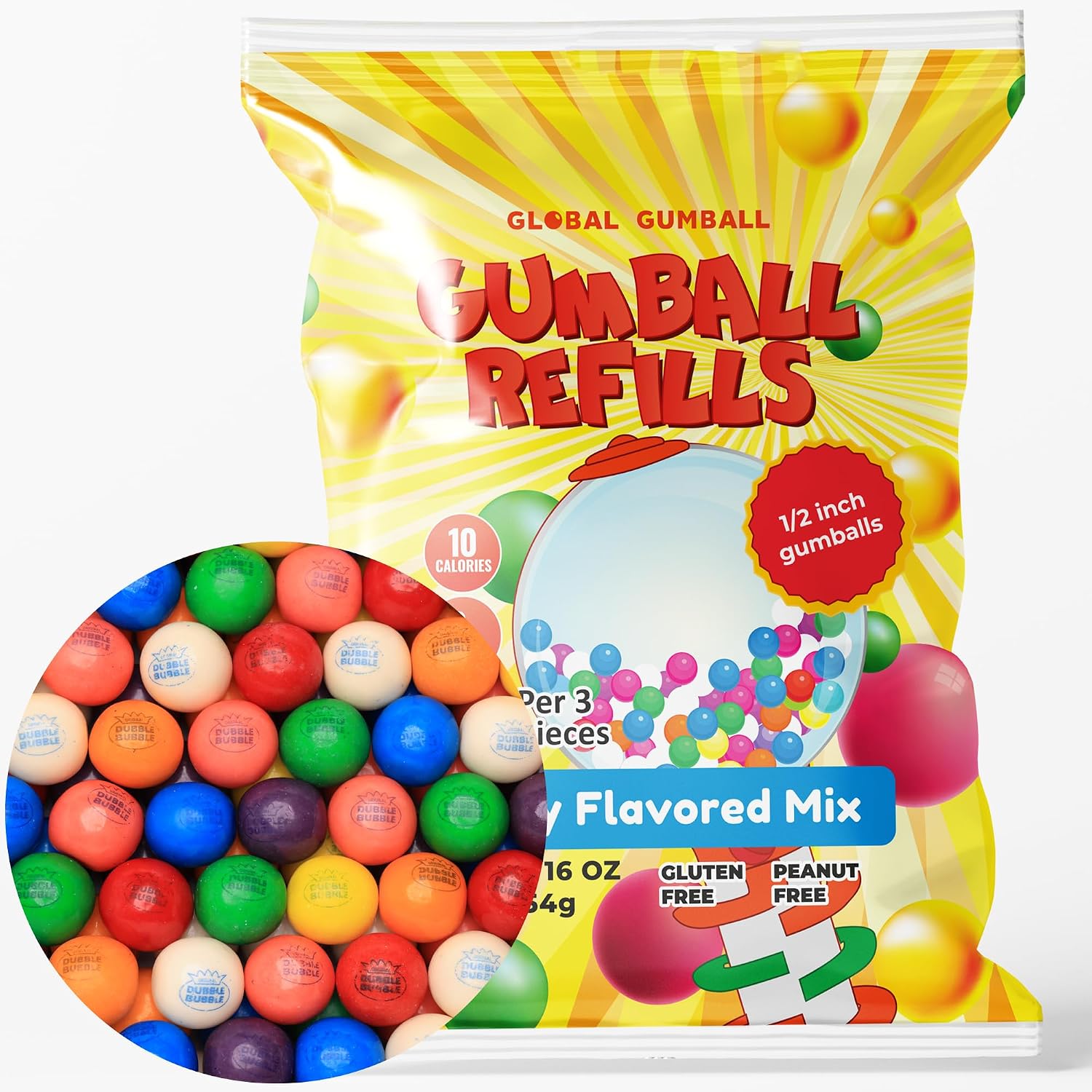 Global Gumball machine refill bubble gum 1 pound bag front view showcasing colorful mini candy balls.