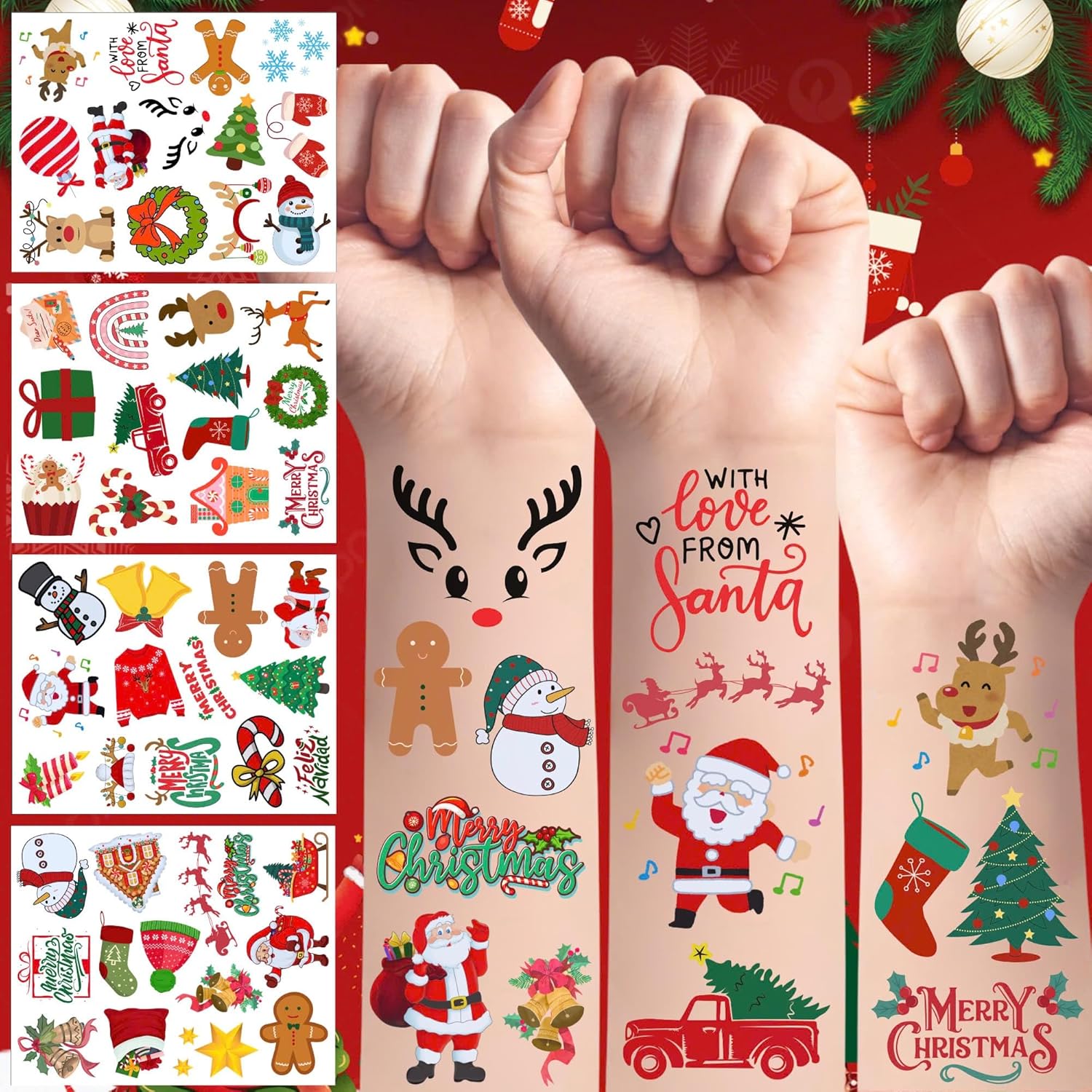 Backtopeia Christmas temporary tattoos featuring Santa Claus and reindeer designs for kids
