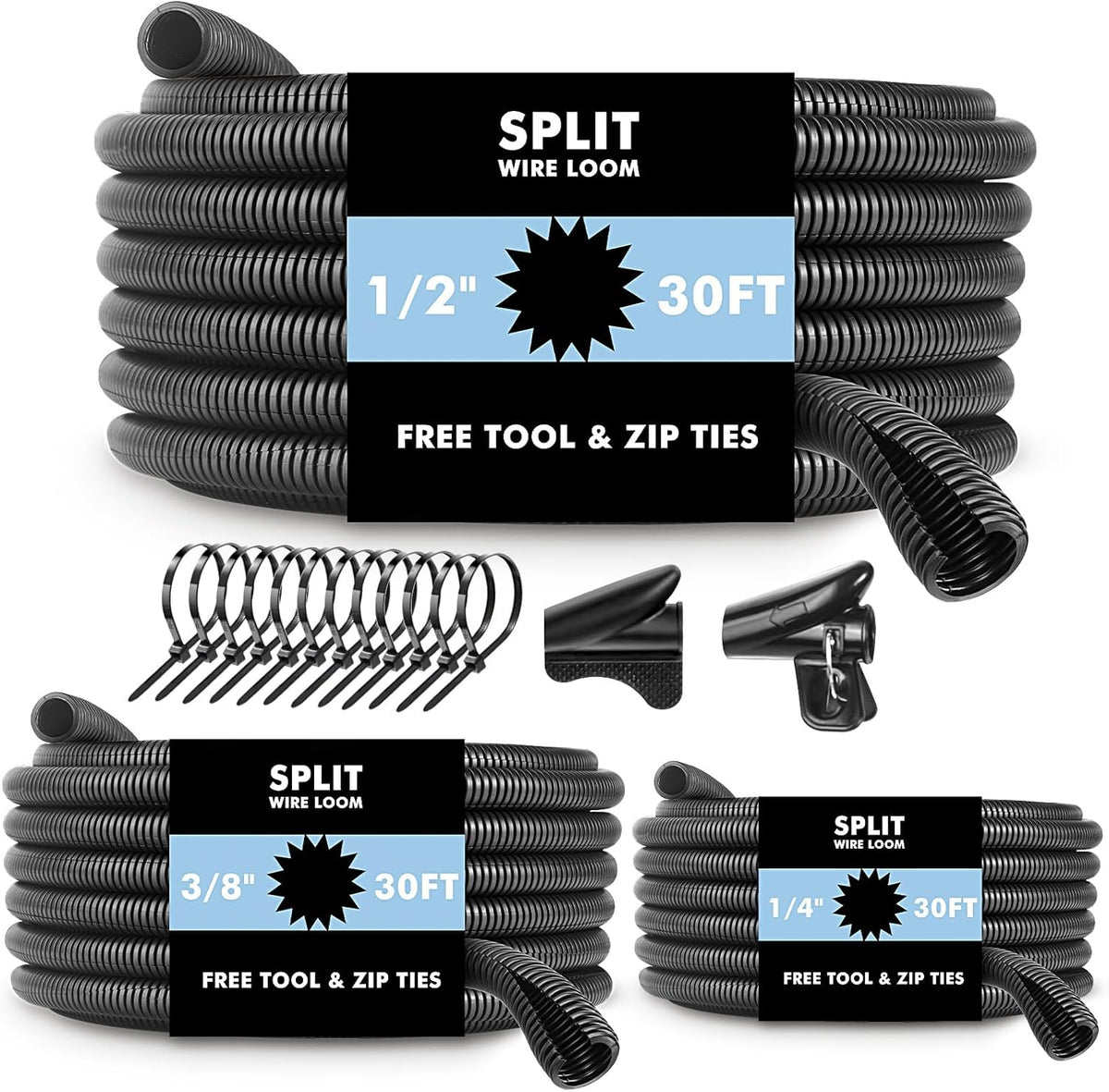 Wevsuipo automotive split wire loom kit front view showing three different diameter rolls of black corrugated plastic conduit