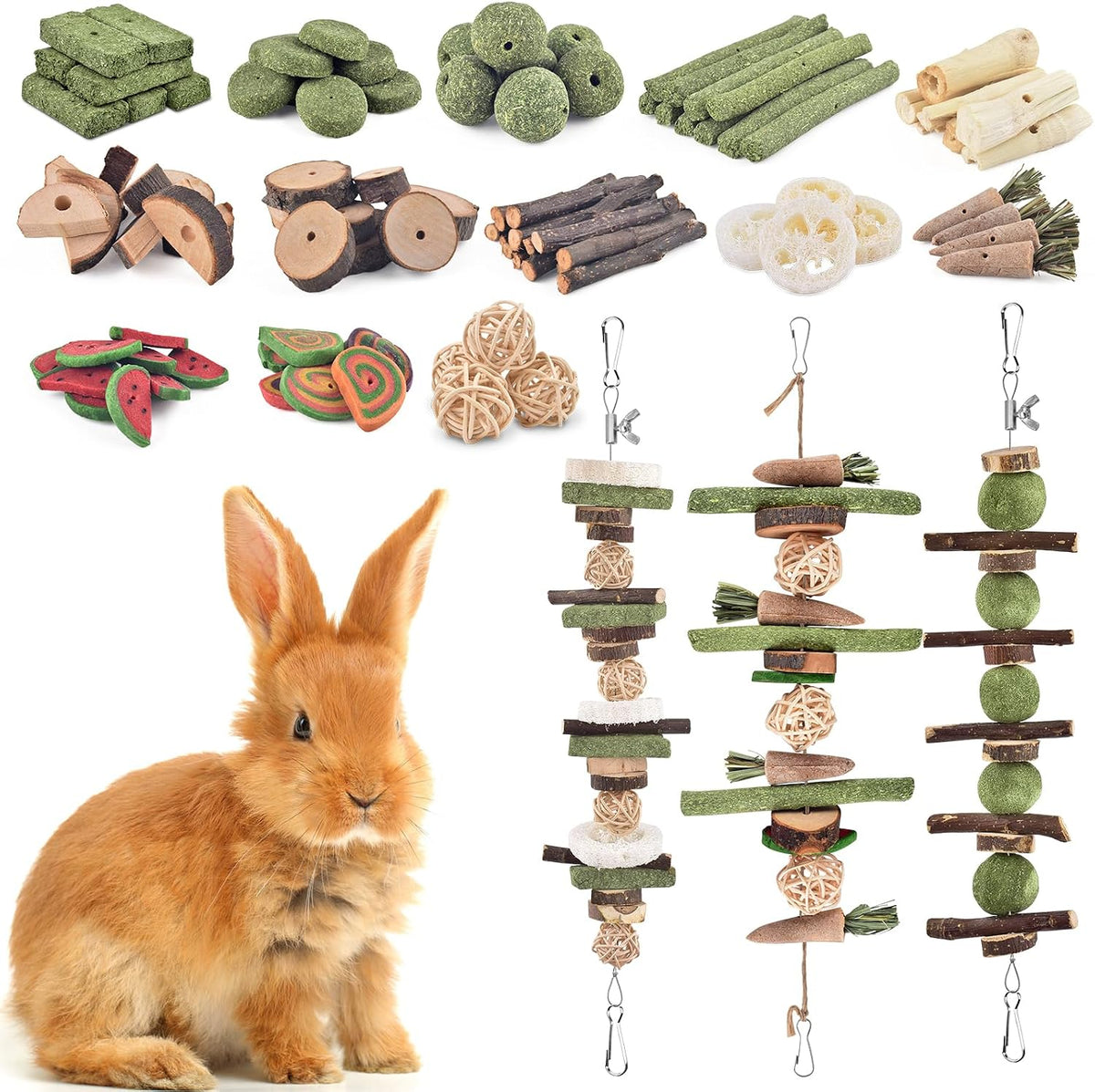 Complete packaging contents of the 74 piece KATUMO hamster and rabbit dental care set.