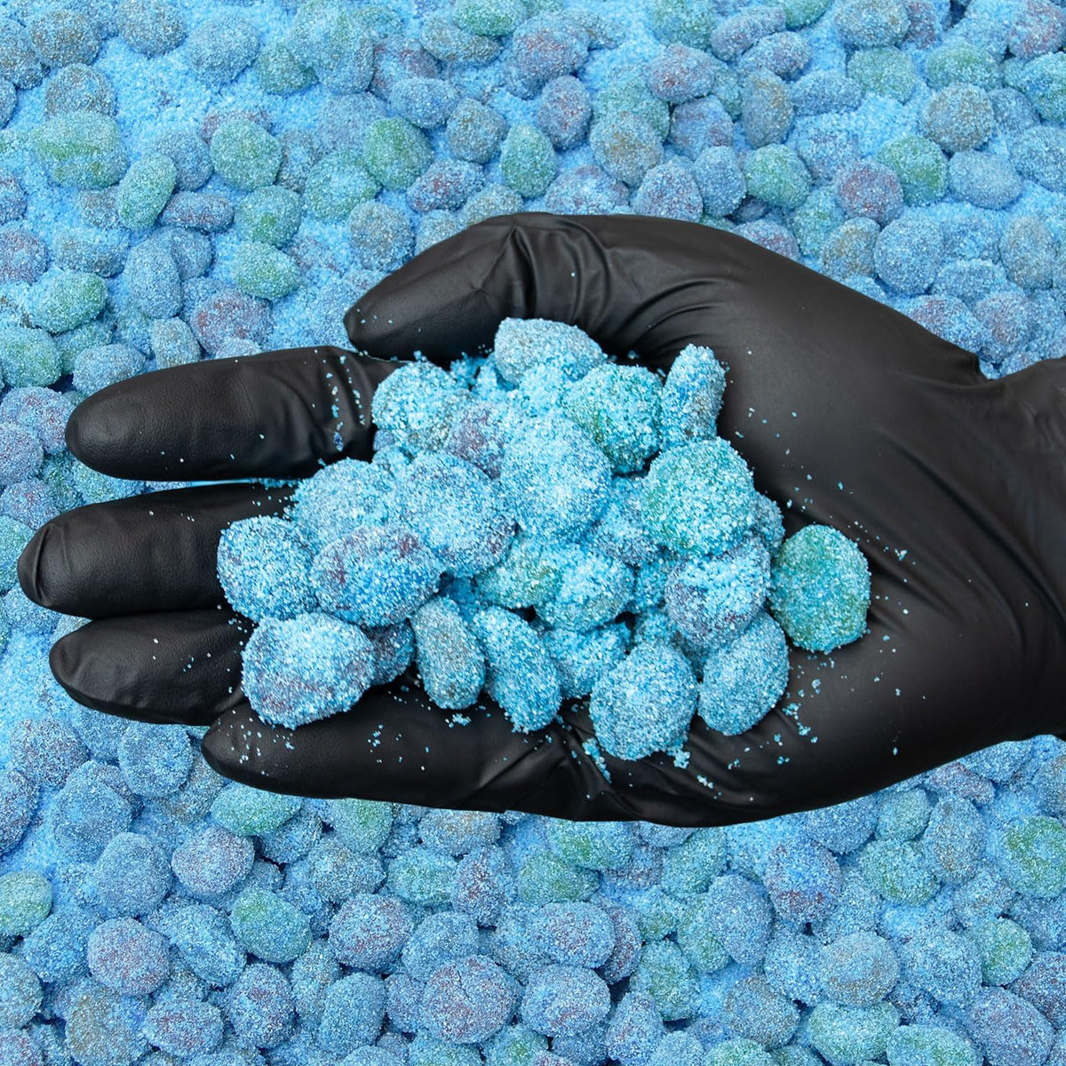 Goso Gummies sour powder coated blue raspberry candies pile view