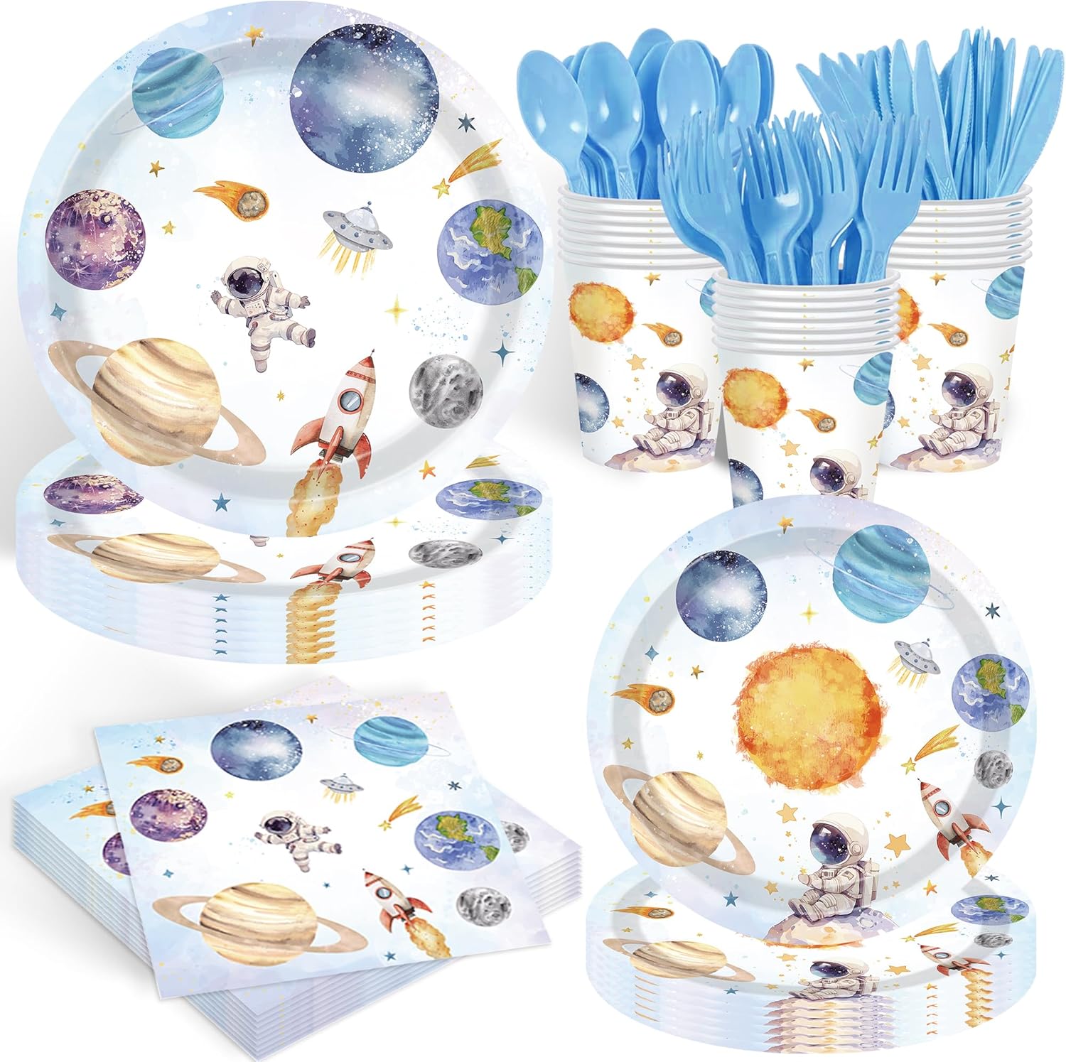 Aslermure 140 piece space themed party tableware set front view