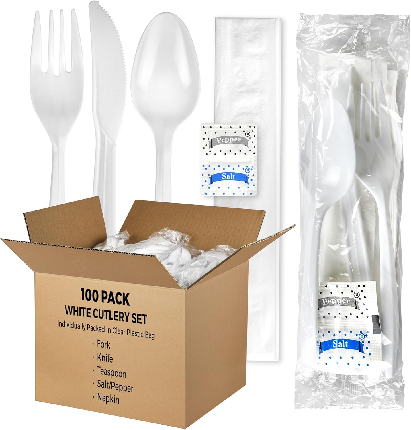 KitchenDine 100 Pack Wrapped Plastic Cutlery Set front view packaging
