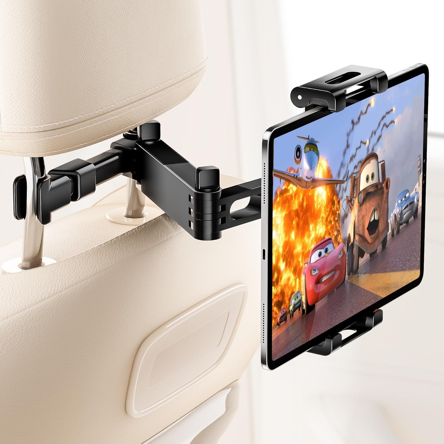 BKWITY tablet holder for car headrest showing front view clamping an iPad.