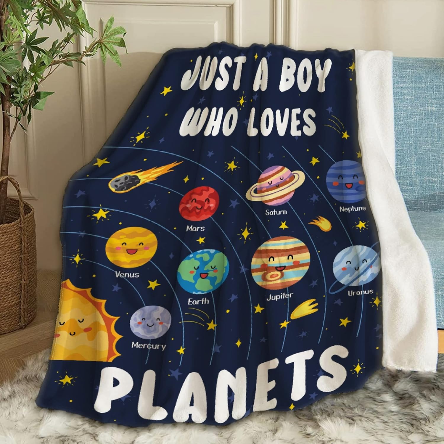 ARTBLANKET Just A Boy Who Loves Planets Solar System Space Throw Blanket front view showing vibrant blue cartoon planet design