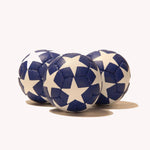 Zeekio Satellite Juggling Ball Set of 3 front view showing blue faux leather panels and white star design.