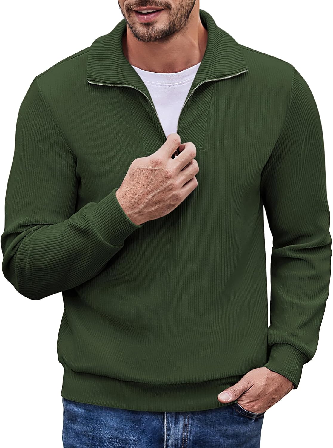 COOFANDY Men's Quarter Zip Up Pullover Mock Neck Long Sleeve Sweater Casual Corduroy Polo Sweatshirt - Image 11