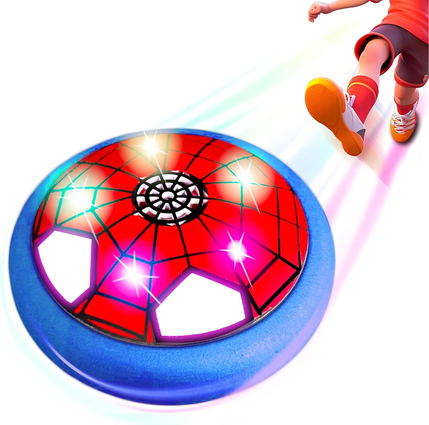 Omiowl spider hover soccer ball indoor toy front view showing the red spiderman design and glowing led eyes.