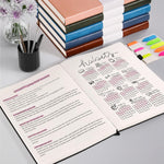 Offigift lined notebook showing dual ribbon bookmarks and back pocket