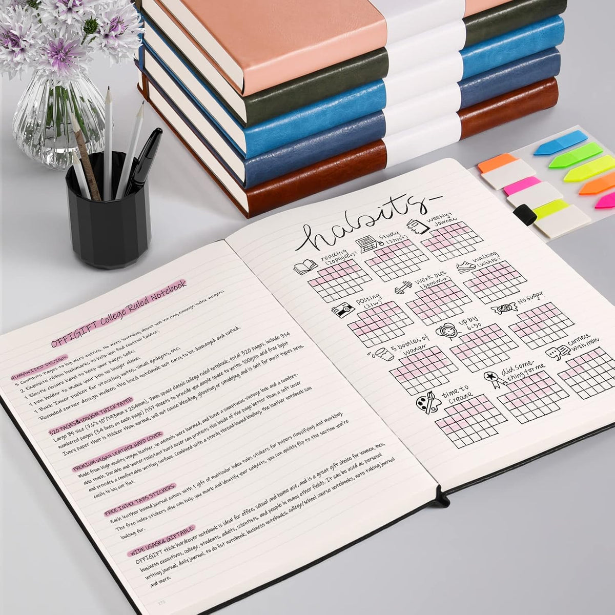 Offigift lined notebook showing dual ribbon bookmarks and back pocket