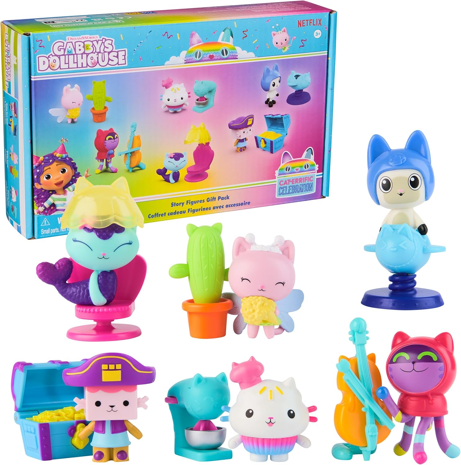 Gabby's Dollhouse 12-Piece Story Figures Gift Pack front view packaging showcasing six collectible characters and six interactive accessories.