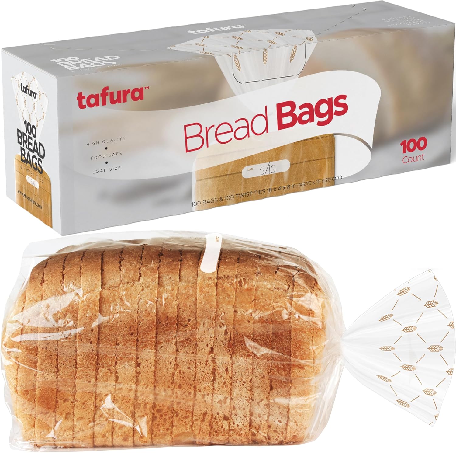 Tafura Bread Bags 100 Count front view of clear plastic packaging with gold twist ties for bakery storage.