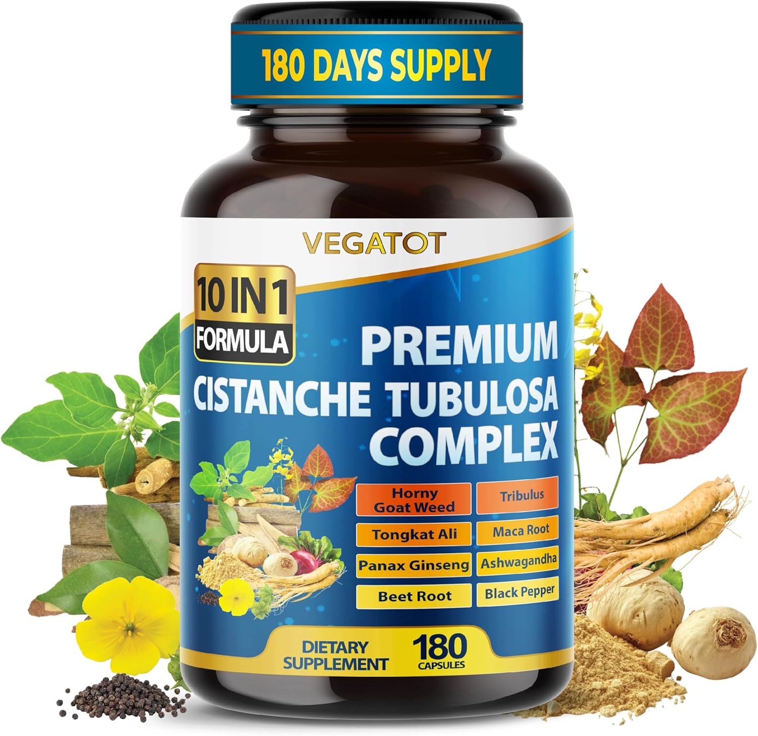 VEGATOT Organic Cistanche Tubulosa Complex - 10-in-1 Herbal Formula with Tribulus, Tongkat Ali, Maca, Panax Ginseng, Ashwagandha - 180 Capsules - Non-GMO, Vegan - Image 1