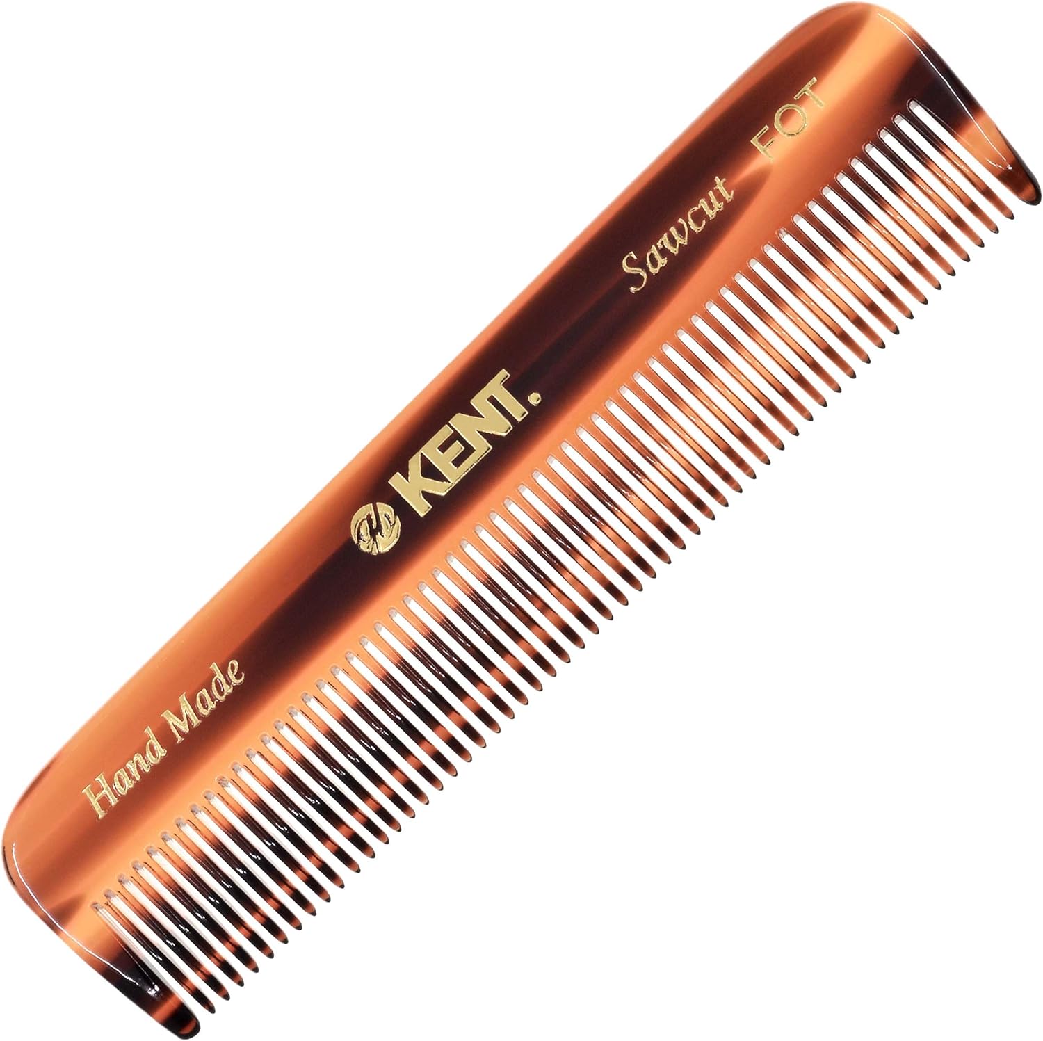 Kent A FOT Tortoiseshell Fine Tooth Handmade Pocket Comb front view showcasing the dark brown tortoiseshell pattern and gold branding.
