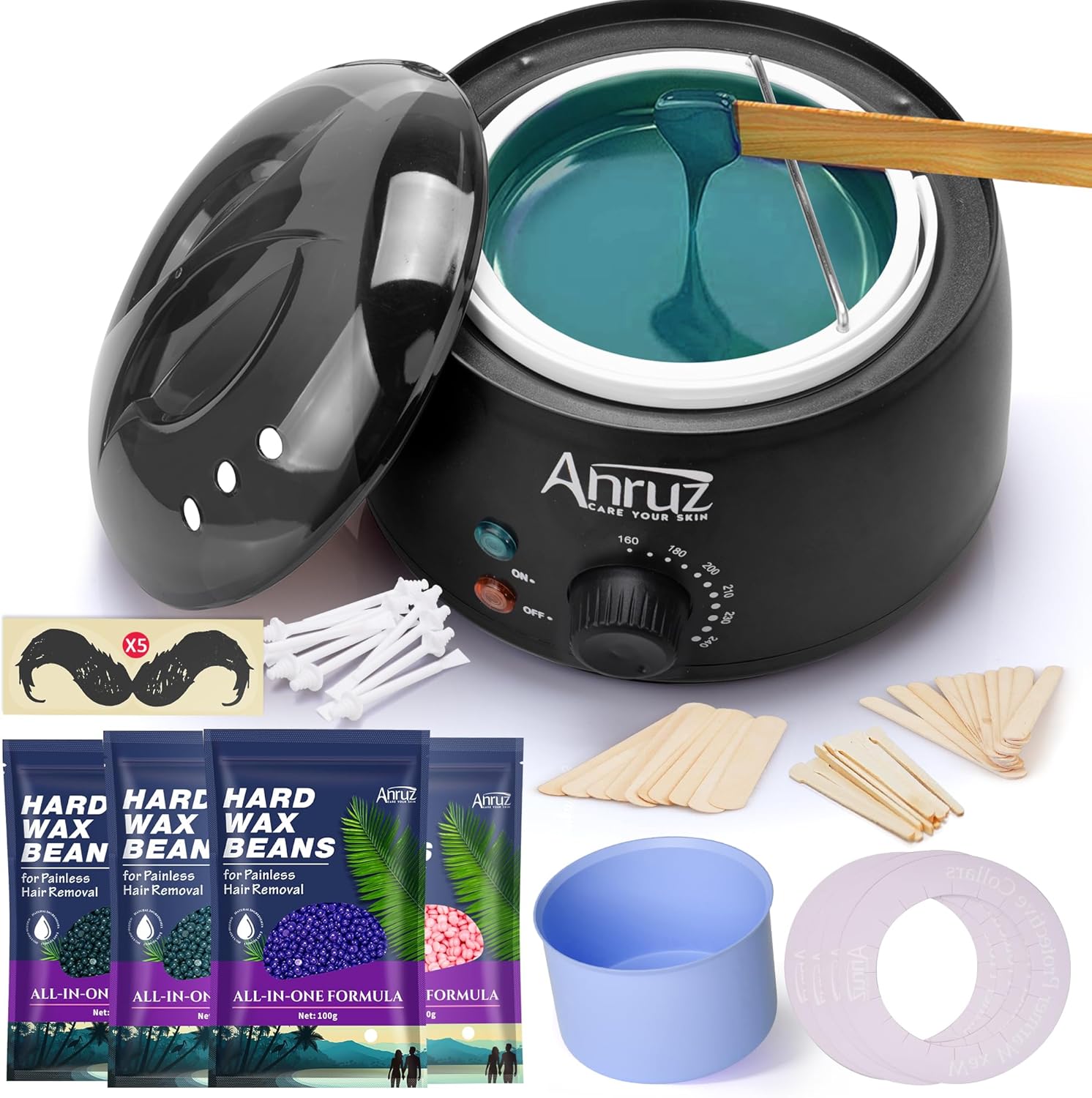 ANRUZ digital waxing kit front view with black wax warmer and accessories