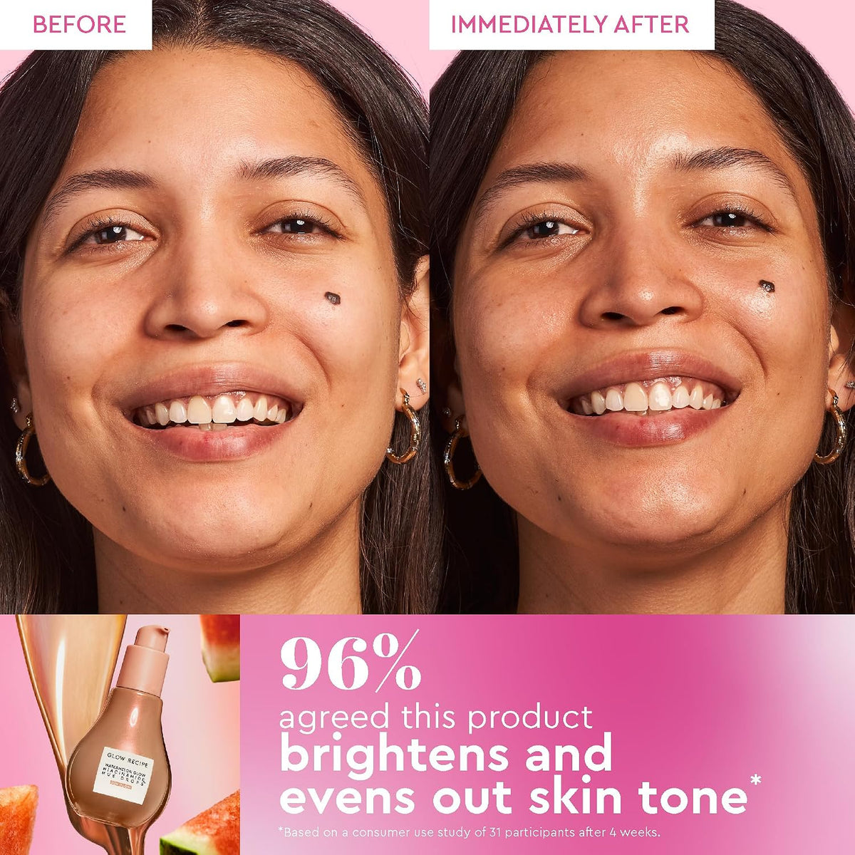 Glow Recipe highlighting and tinted serums being swatched on the back of a hand