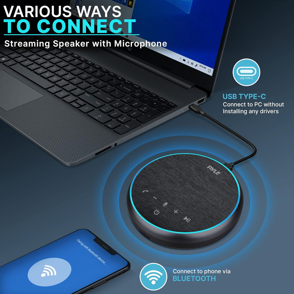 Pyle conference speakerphone in use on a modern office desk setup