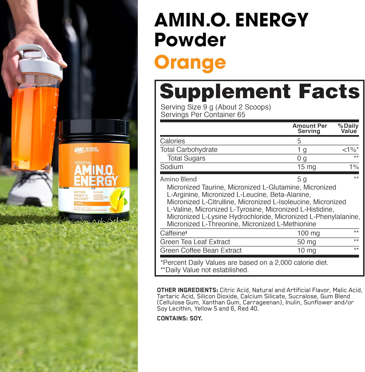 Side angle of ON Essential Amino Energy showing the detailed nutritional facts and premium imported ingredient layout.