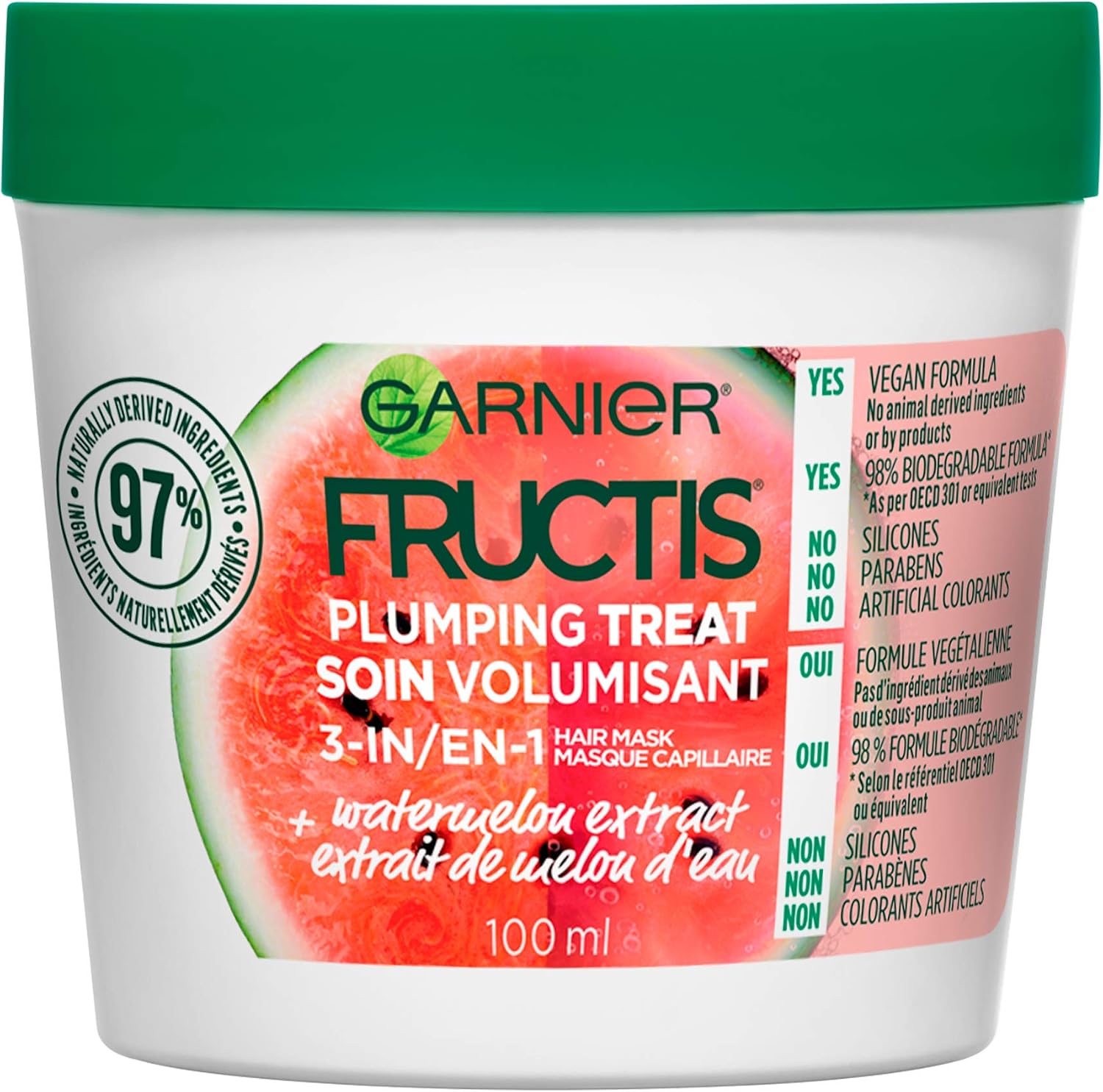 Garnier Fructis plumping treat hair mask front view jar packaging