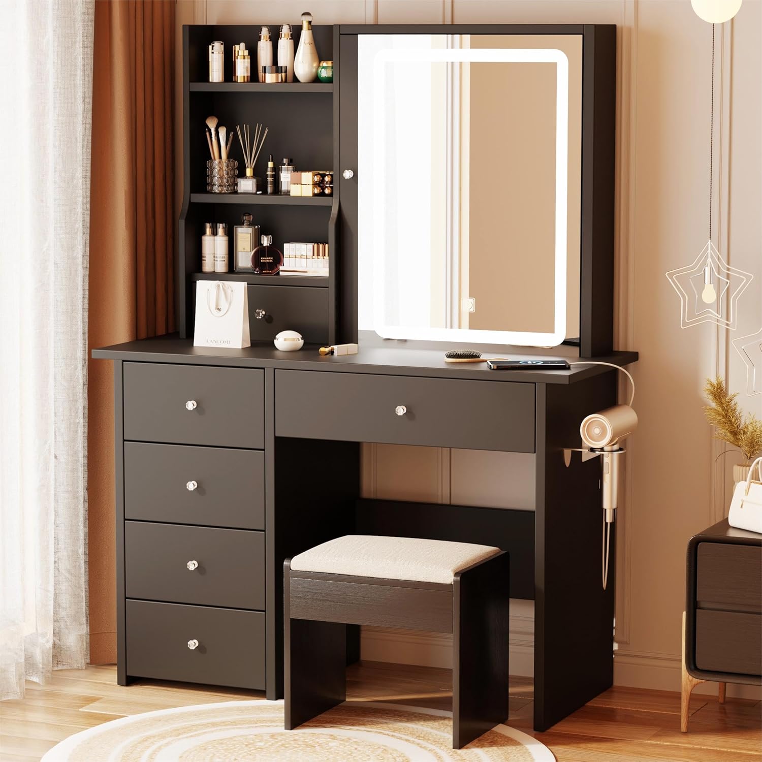 ALEAVIC vanity desk with mirror and LED lights front view showcasing the black makeup table set in a modern bedroom.
