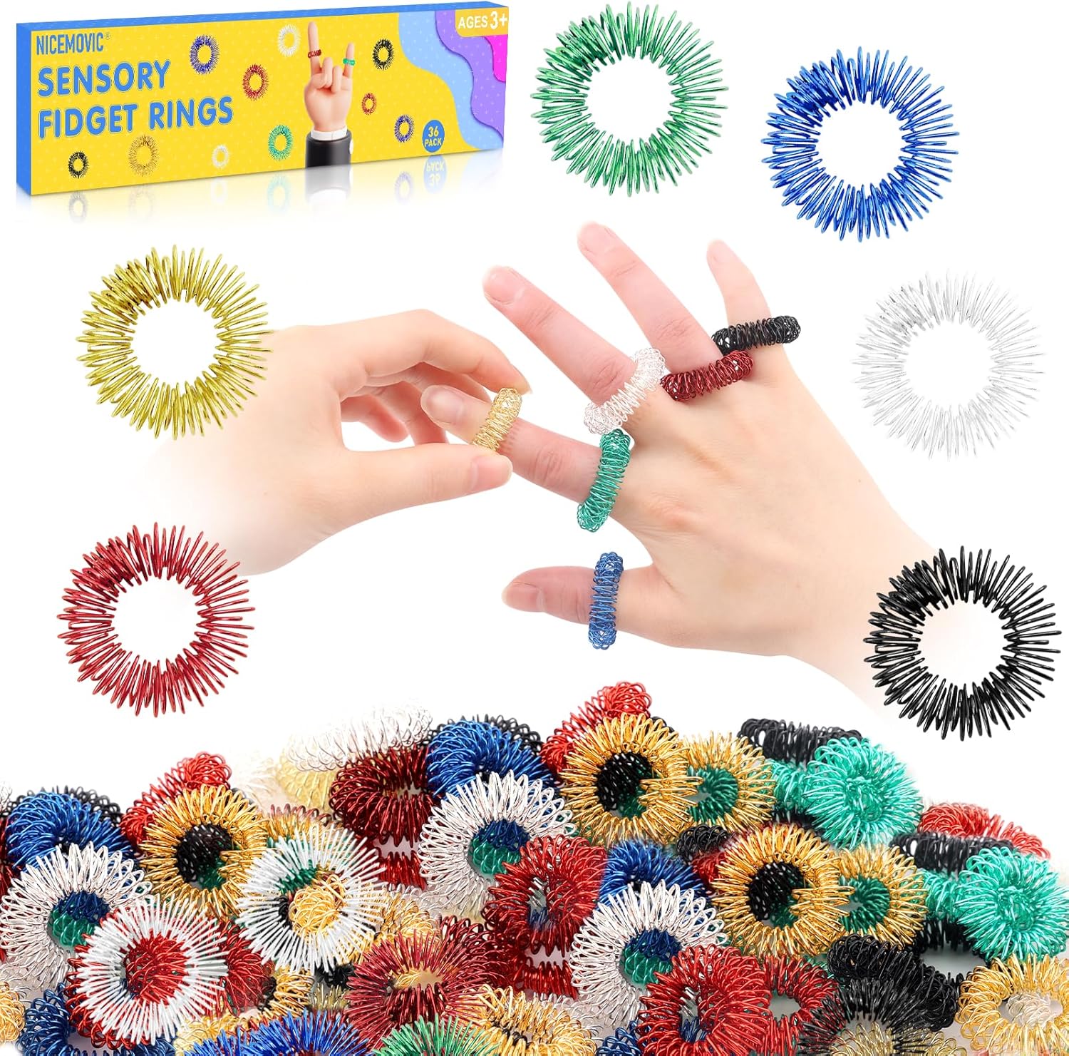 Nicemovic 36 piece acupressure rings front view showing six vibrant colors of spiky sensory finger massagers.