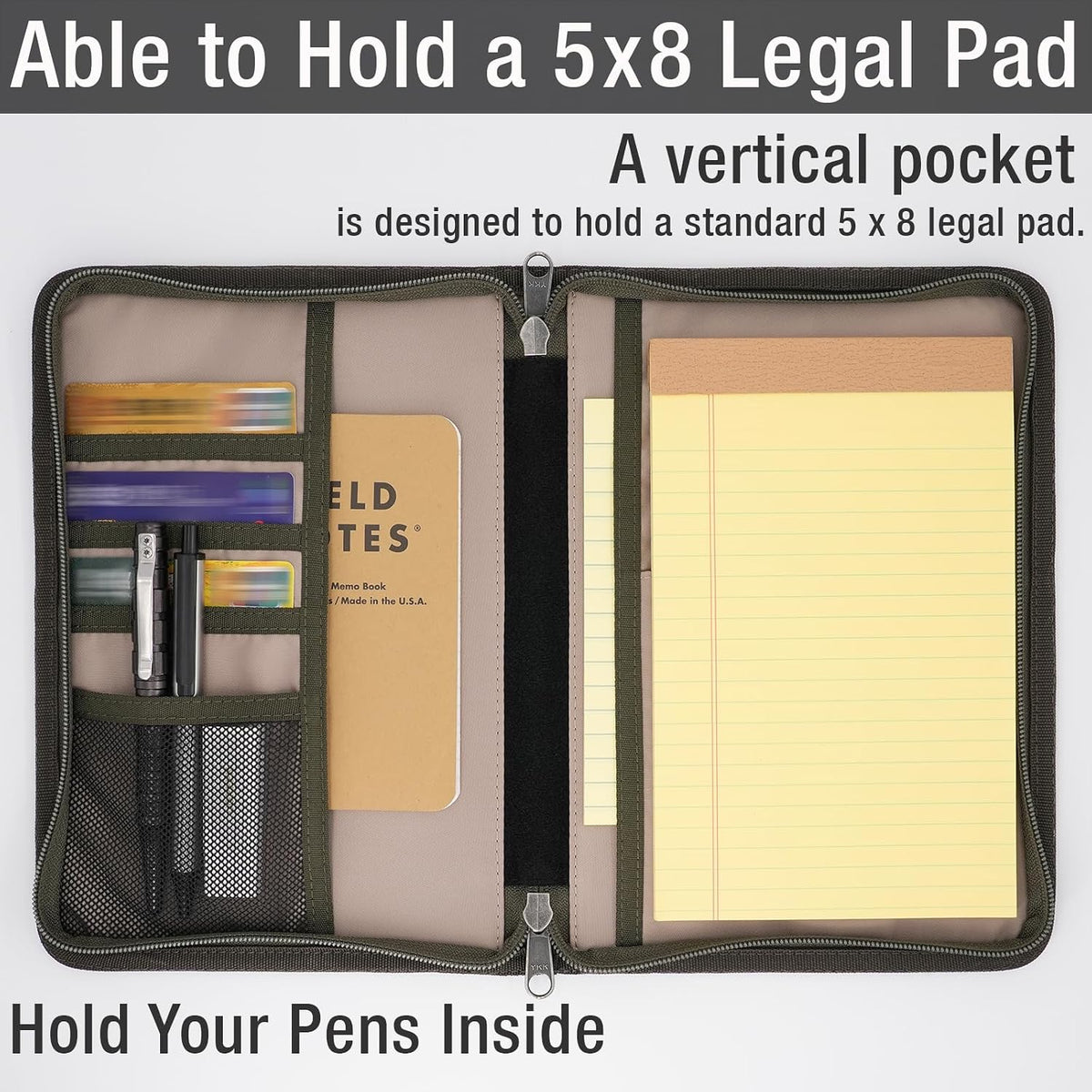 Tintris waxed canvas journal cover displayed with front pen storage slots