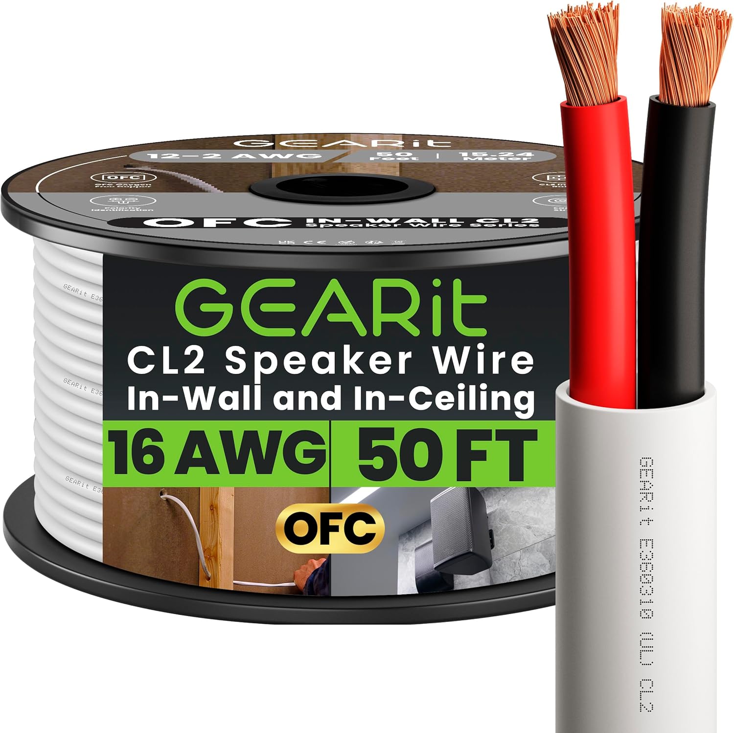 GearIT 16AWG 2-Conductor Speaker Wire 50ft spool front view