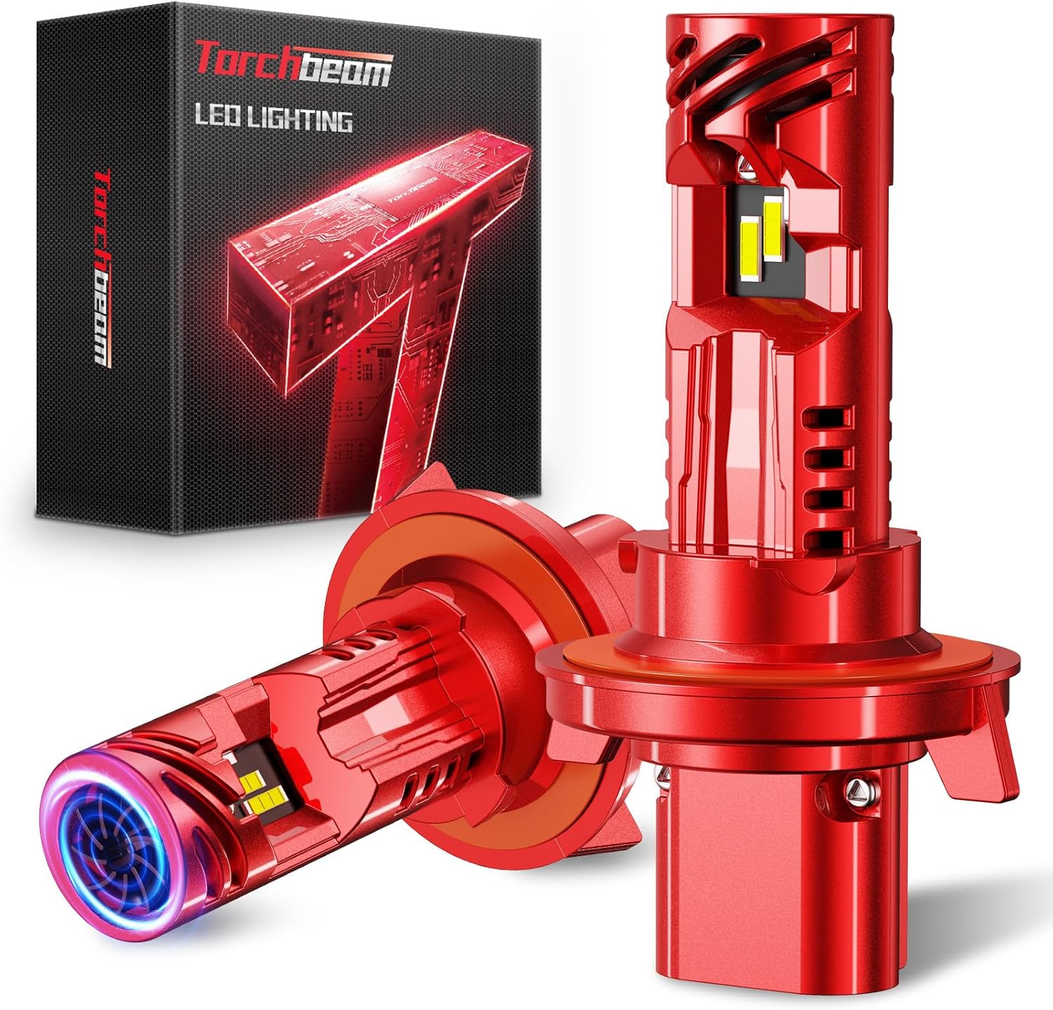 Torchbeam H13 9008 LED automotive bulbs combo pack front view showcasing the bright red aluminum housing.