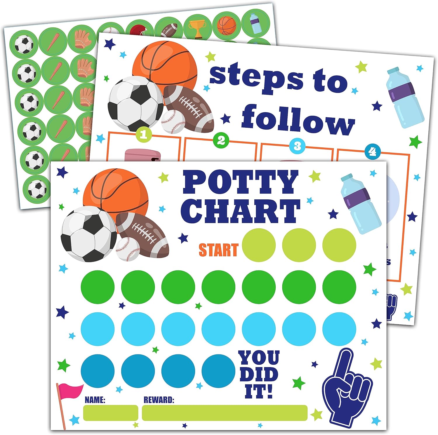 Gustave sports potty training sticker chart front view showing the colorful ball theme layout