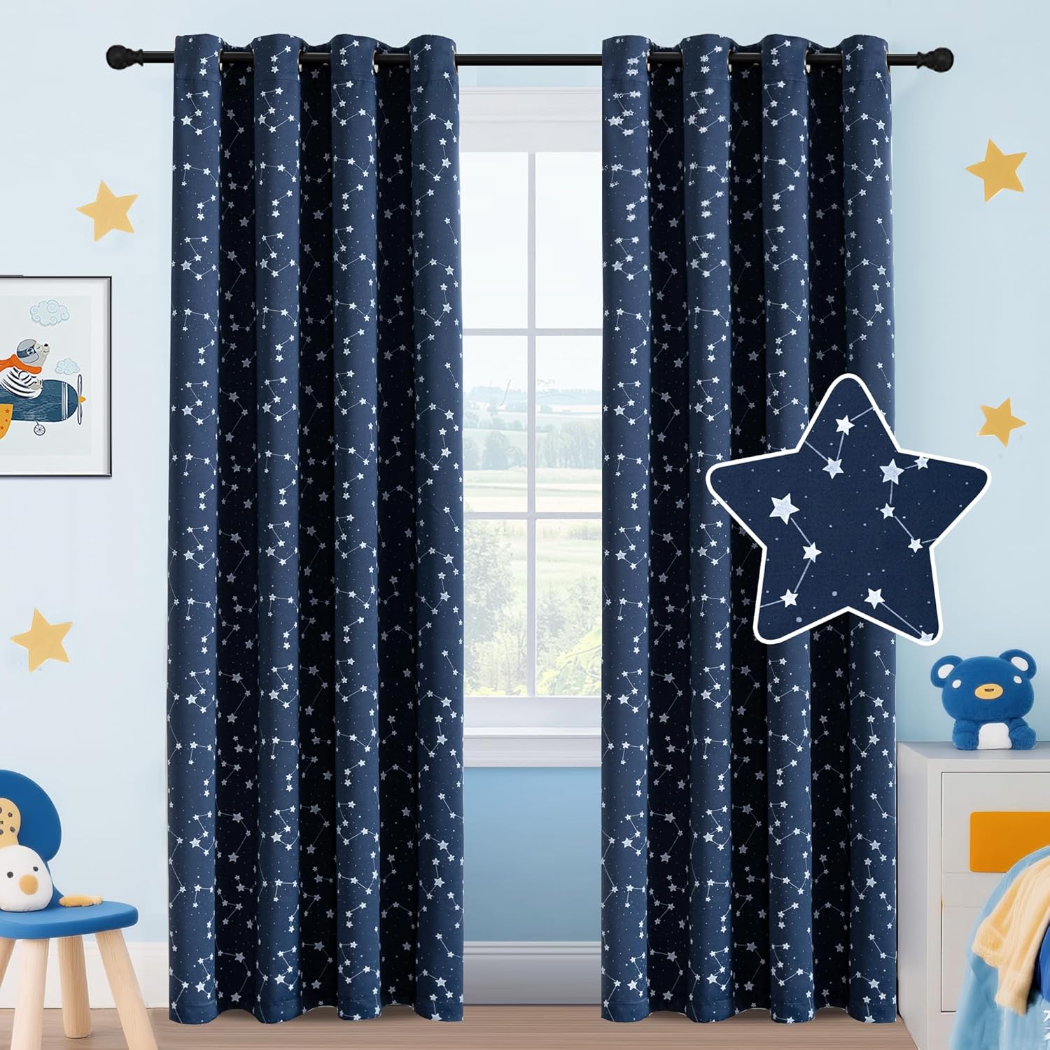 PrinceDeco Kids Blackout Curtains front view showing navy blue fabric with silver star patterns