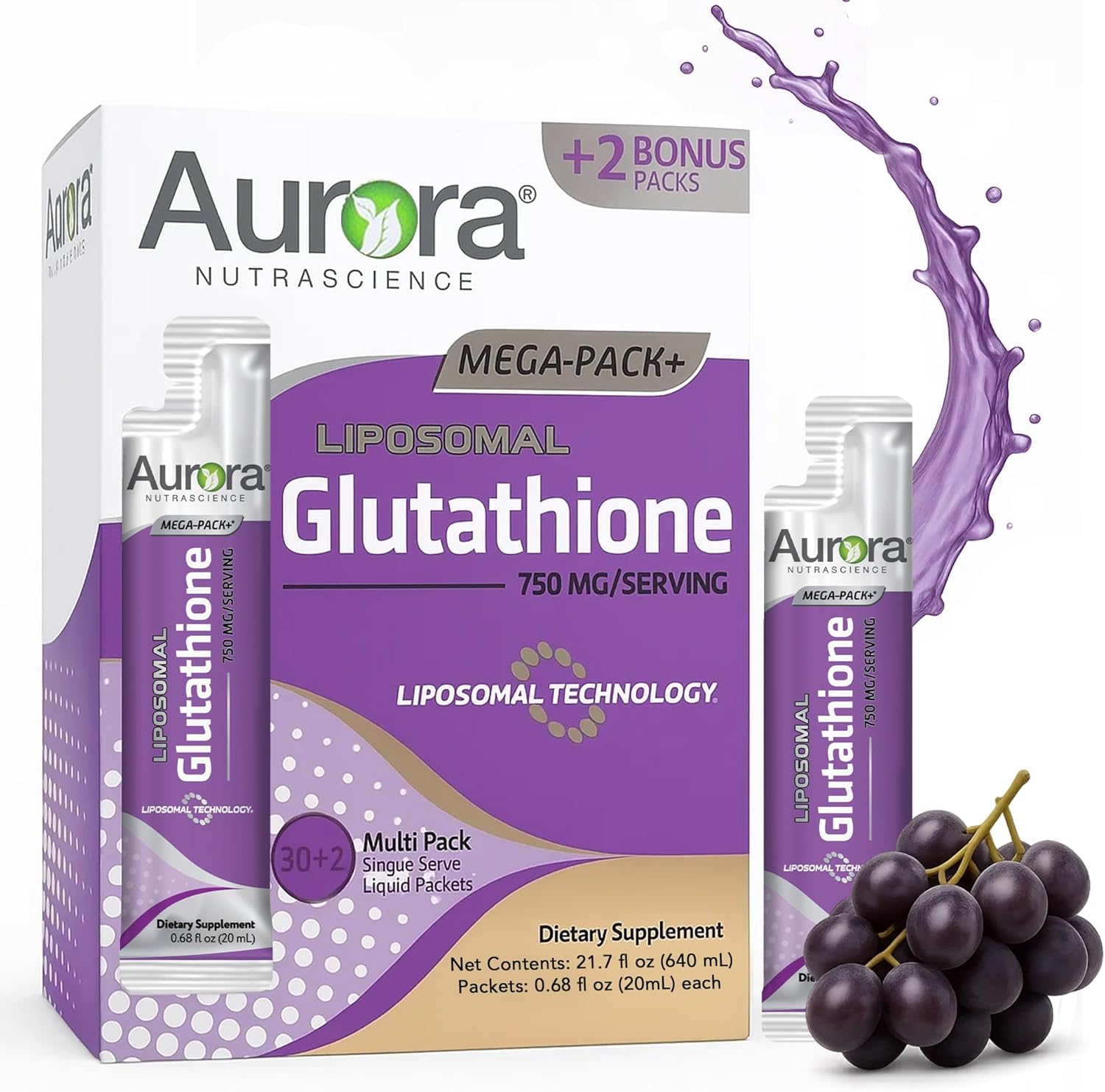 Aurora Nutrascience Mega-Pack Liposomal Glutathione, Immune System Support, Antioxidant, 750 mg per Serving, 32 Single-Serve Packets, Gluten Free, Non-GMO, Sugar-Free, 16 fl oz (480mL) - Image 1