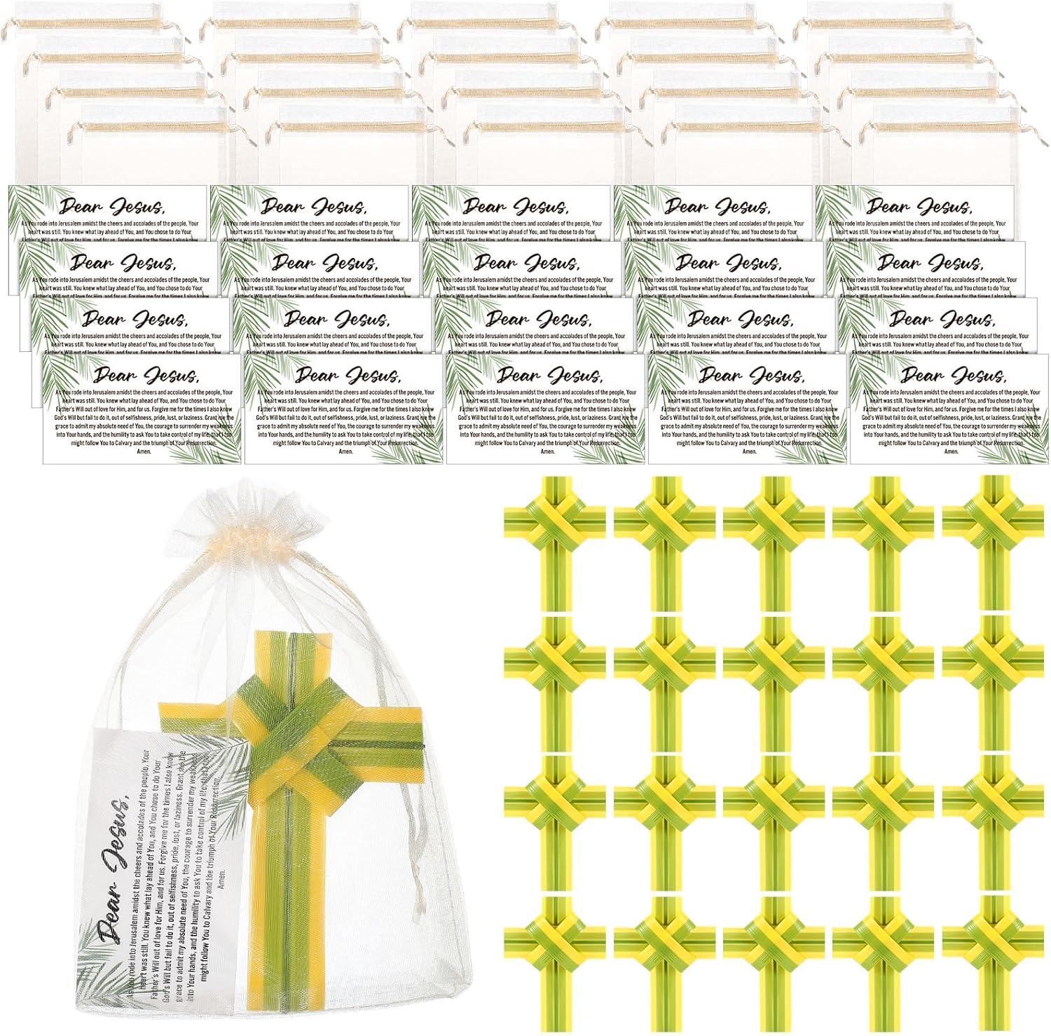 JellyArch 20 Set Palm Sunday Crosses front view of complete religious gift kit showing handmade palm leaf cross and card.