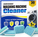 Airhome washing machine cleaner and descaler thirty pack front view packaging showing effervescent cleaning tablets.