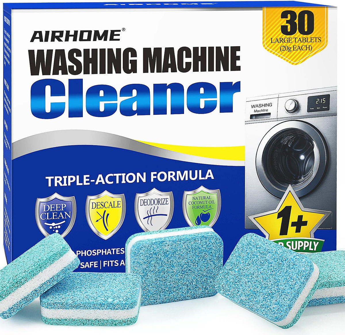 Airhome washing machine cleaner and descaler thirty pack front view packaging showing effervescent cleaning tablets.