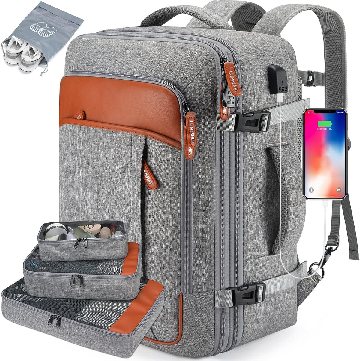 Lumesner carry on travel backpack front view in grey with tan accents