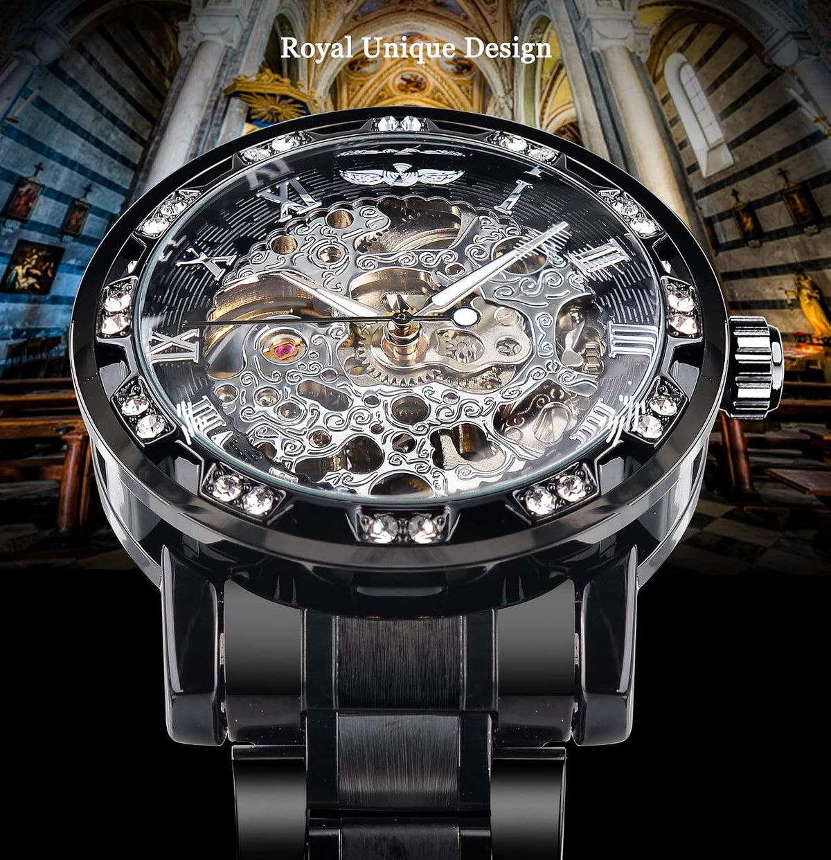 Forsining skeleton watch carved floral dial close up